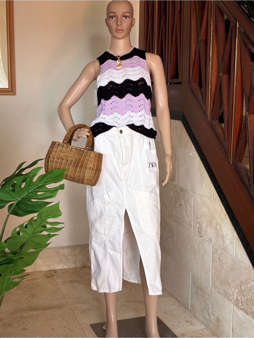 525 America Black & Lavender Chevron Crochet Knit Tank Top -